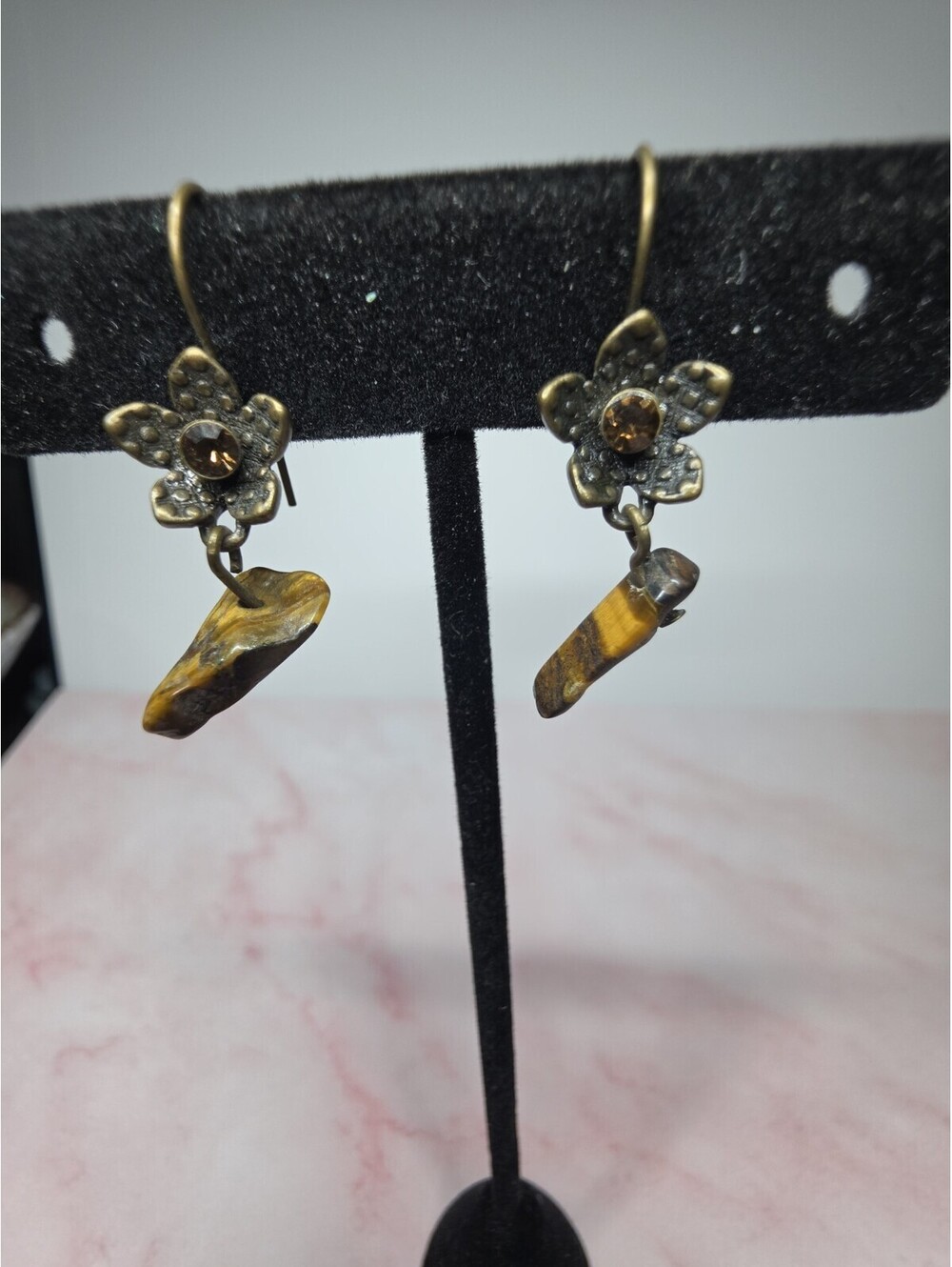 Vintage Flower Dangle Earrings Tigers Eye Nugget Rhinestone Boho Drop